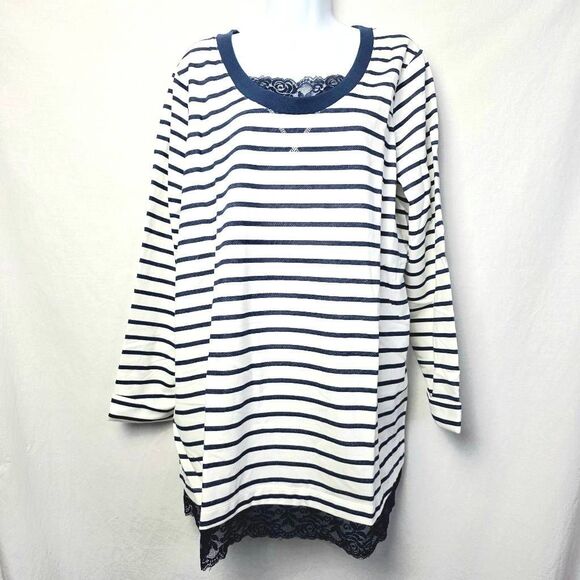 Woman Within Striped Lace Trim Long Sleeve Top L - Picture 1 of 8